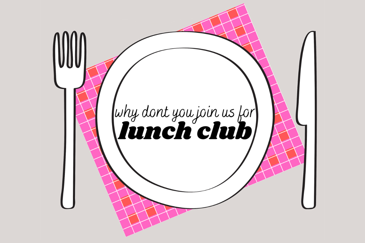 A knife and fork by a plate on a pink mat, with the text Why don't you join us for lunch club.
