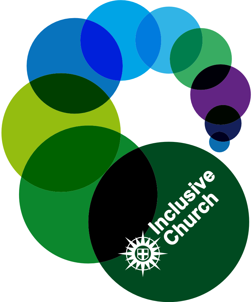 Inclusive church logo - 10 circles in a string in descending order of size like a caterpillar. The largest circle is dark green and contains the words Inclusive Church and a 16 point compass with a cross in the middle the detail is white.